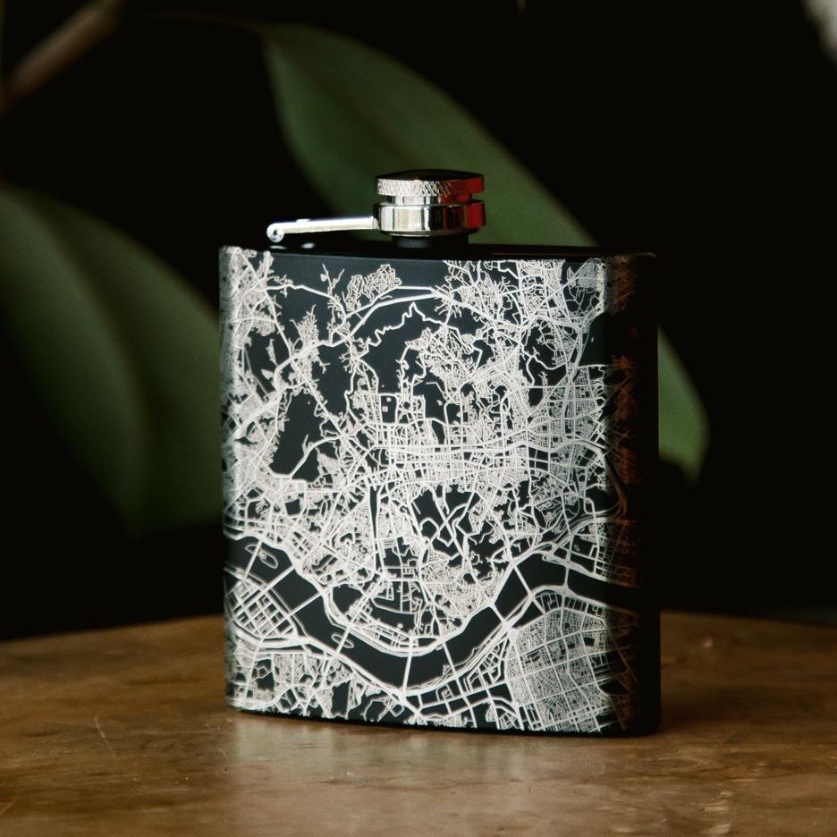 Anchorage - Alaska Map Hip Flask in Matte Black