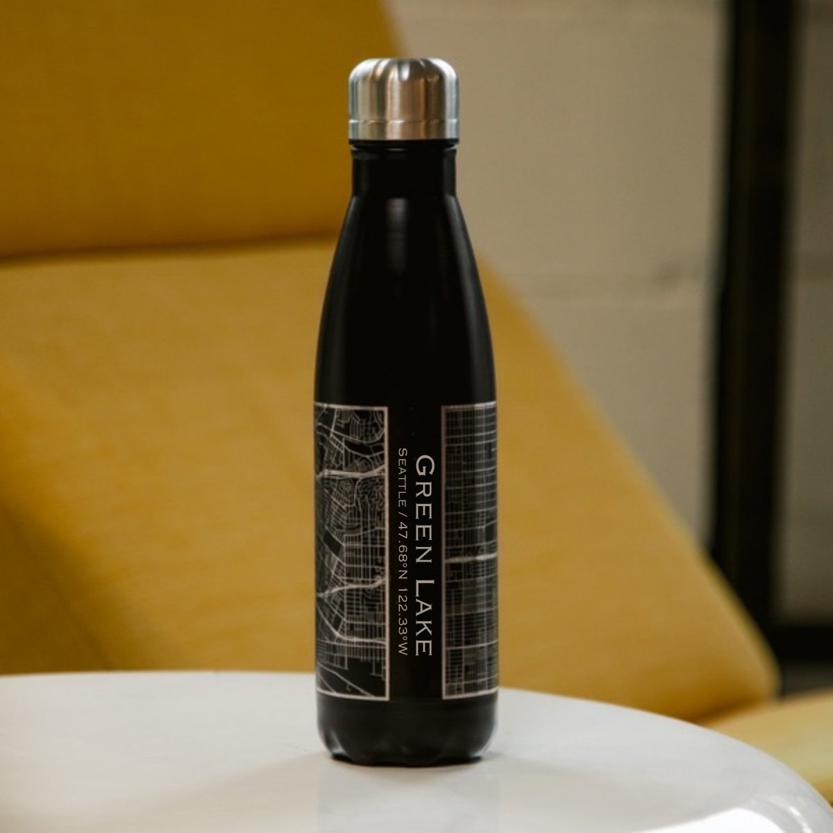 Green Lake - Seattle Engraved Map Insulated Bottle in Matte Black