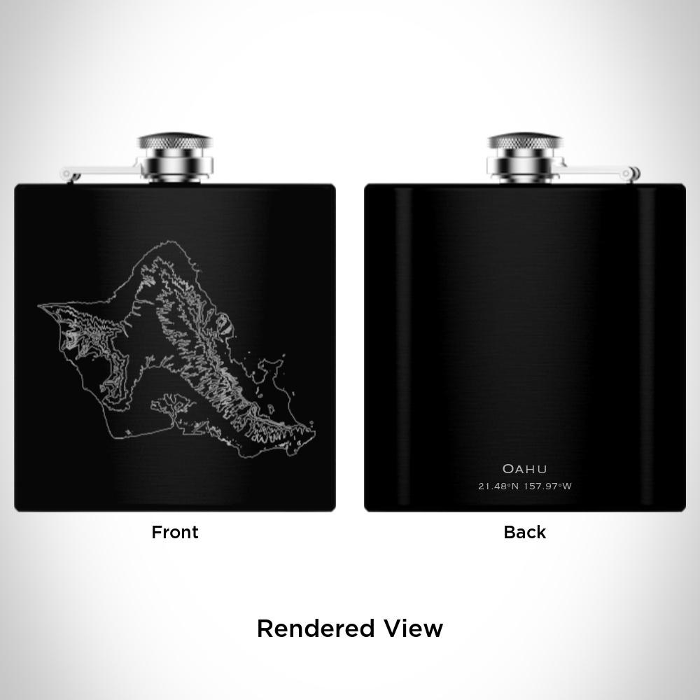 Oahu - Hawaii Map Hip Flask in Matte Black