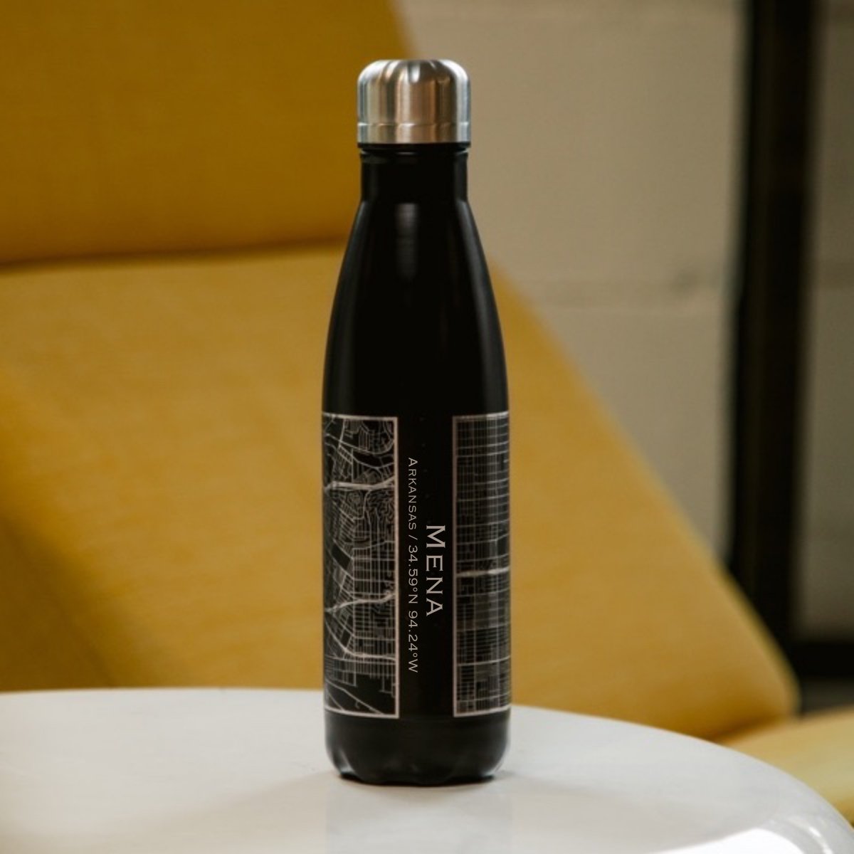 Mena - Arkansas Engraved Map Insulated Bottle in Matte Black